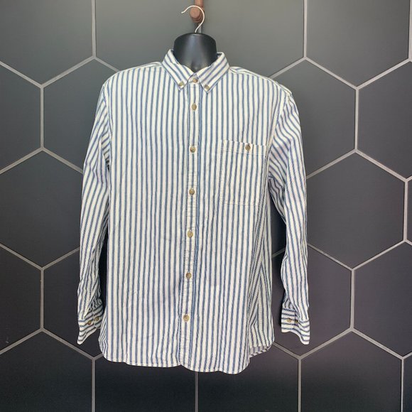 -New! Mens Zara Pinstripe Blue White Button Up Long Sleeve Relaxed Fit Size XL - Picture 1 of 4